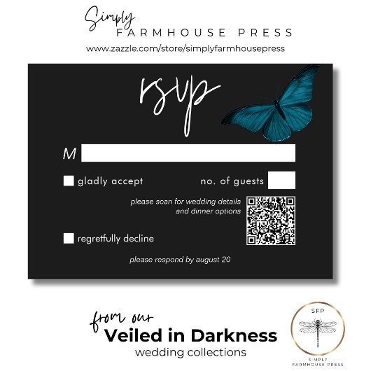 Dark Moody minimale Blauwgroen mot bruiloft QR-cod RSVP Kaartje