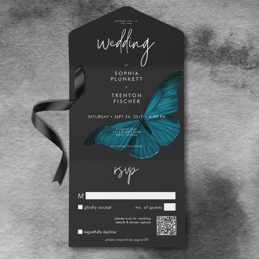 Dark Moody minimale Blauwgroen mot QR code bruilof All In One Uitnodiging