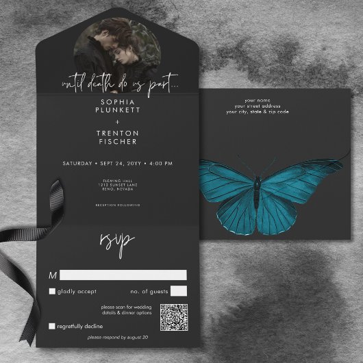 Dark Moody minimale mot foto QR code bruiloft All In One Uitnodiging