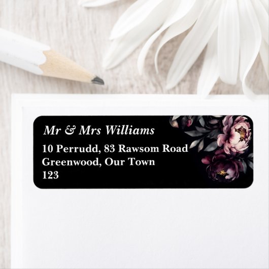 Dark moody noir elegante bordeaux pioenrozen sjabl etiket (Insitu)