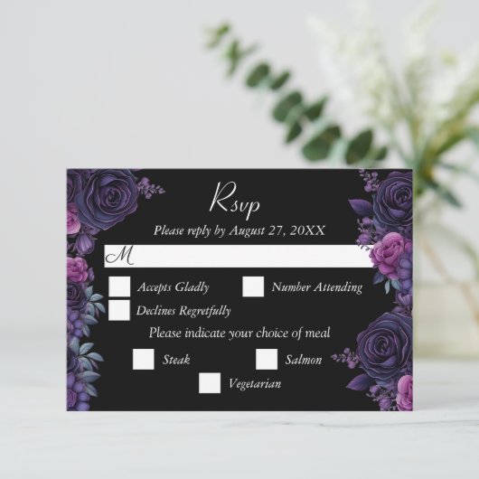 Dark Moody Paarse Gotische Bloemen Bruiloft RSVP K (Staand voorkant)