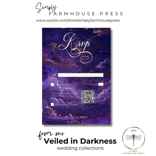 Dark Moody Paarse & Gouden Moonlit Wolken QR Code RSVP Kaartje