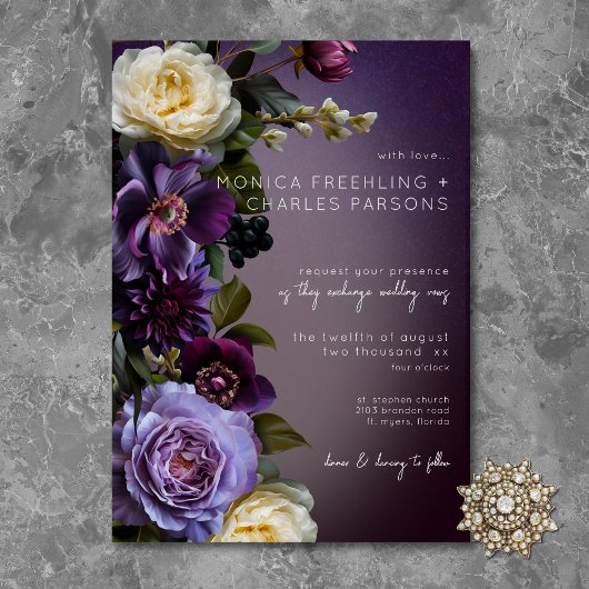 Dark Moody Paarse & Lavendel Bloemen Modern Bruilo Kaart