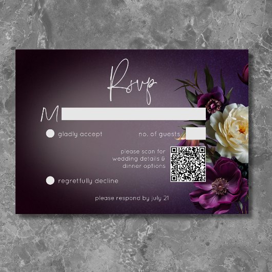 Dark Moody Paarse Lavendel Bloemen Modern QR Code RSVP Kaartje