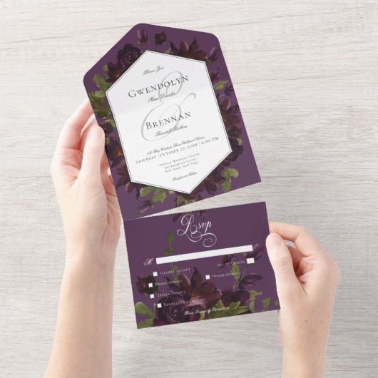 Dark Moody Paarse Waterverf Bloemendiner All In One Uitnodiging (Afscheurbaar)