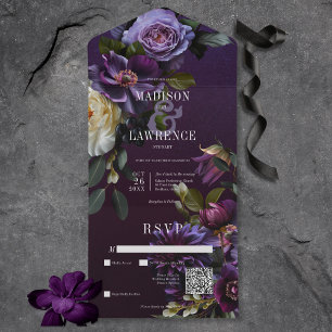 Dark Moody Paarse & Witte Bloemen QR Code All In One Uitnodiging