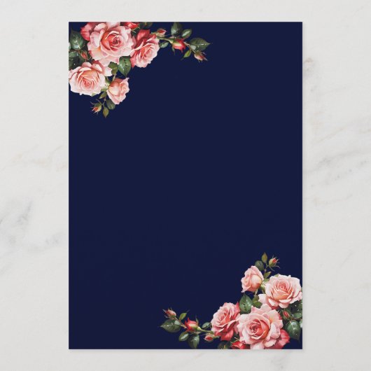Dark moody pink and red roses navy blue wedding menu (Achterkant)