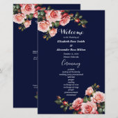 Dark moody pink red roses navy wedding program (Voorkant / Achterkant)