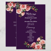 Dark moody pink red roses purple wedding program (Voorkant / Achterkant)