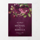 Dark Moody Plum Rozen Fotocollage Paarse bruiloft Drieluik Uitnodiging (Cover)