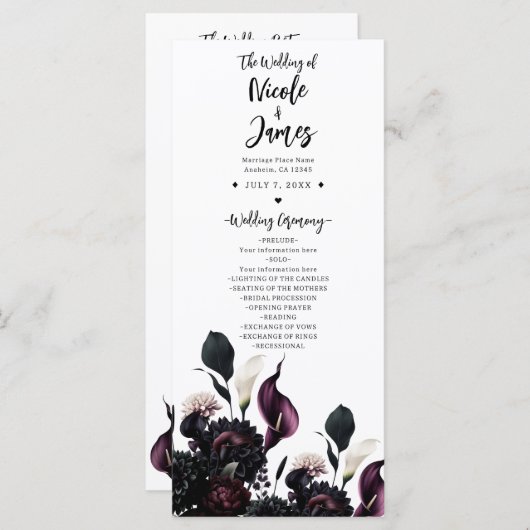 Dark Moody Romantic Floral Wedding Programme (Devant / Derrière)