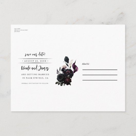 Dark Moody Romantische Bloemenbruiloft Save the Da Aankondigingskaart (Achterkant)