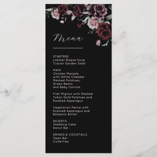 Dark Moody Roses Wedding Menu (Voorkant)