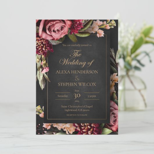 Dark Moody Winter Floral Wedding Invitation Kaart (Staand voorkant)