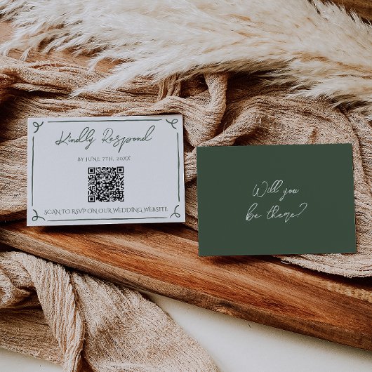 Dark Moss Green Whimsical Boho QR Code Wedding  RSVP Kaartje