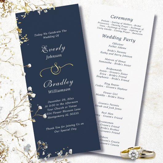 Dark Navy Background Elegant Minimal Wedding Programma