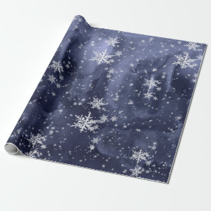 Dark Navy Blue Night Sky Fresh Fallen Snowflakes Cadeaupapier