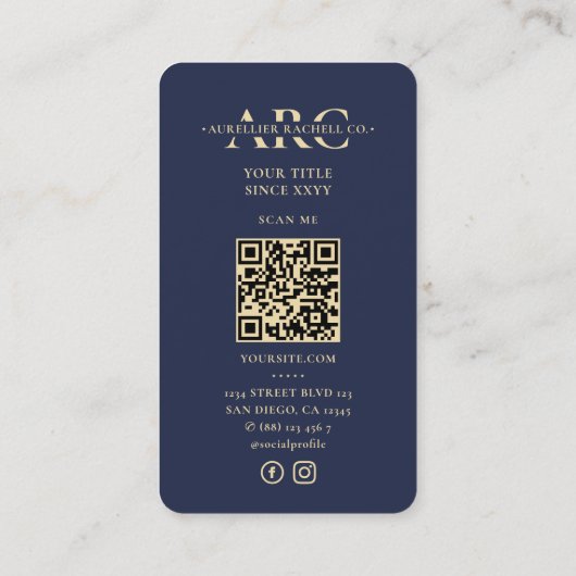 Dark Navy Blue Professional Marketing Monogram Visitekaartje (Achterkant)