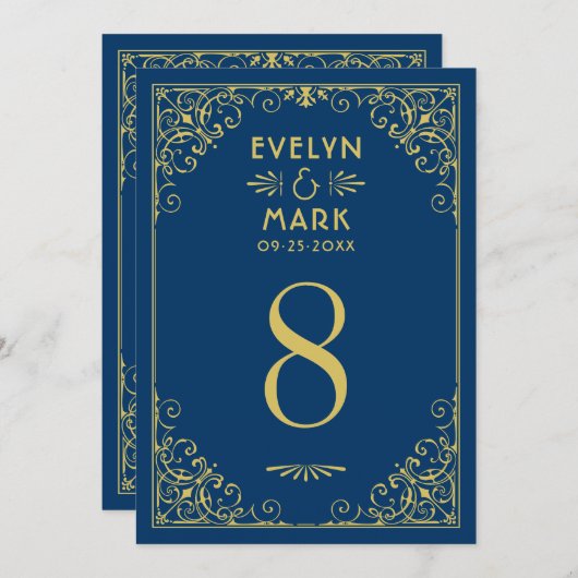 Dark Navy Gold Art Déco Mariage Numéro de table (Devant / Derrière)