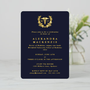 Dark Navy MD Caduceus + Laurel Wreated Afstuderen Folie Uitnodiging