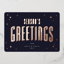 Dark Navy Season's Greetings Retro Stars Flat Folie Feestdagenkaart