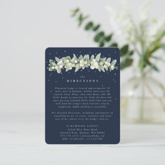 Dark Navy Snowberry+Eucalyptus Garland Routebeschr Informatiekaartje (Staand voorkant)