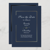 Dark Navy White Script Gold Border Bewaar de datum Kaart (Voorkant / Achterkant)
