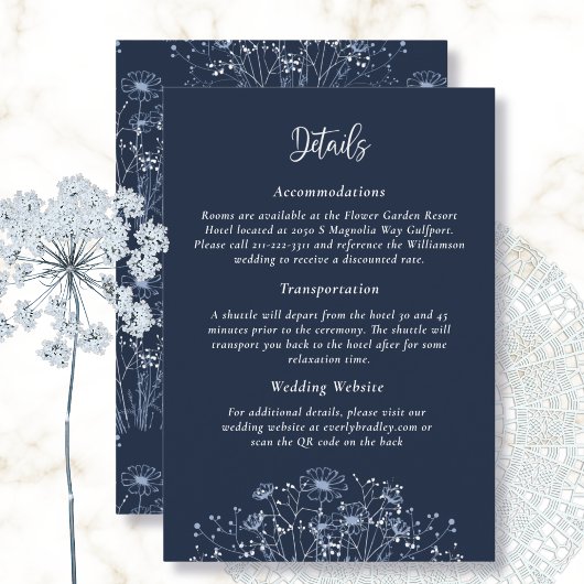 Dark Navy White Wildflower QR Code Detail Wedding Informatiekaartje