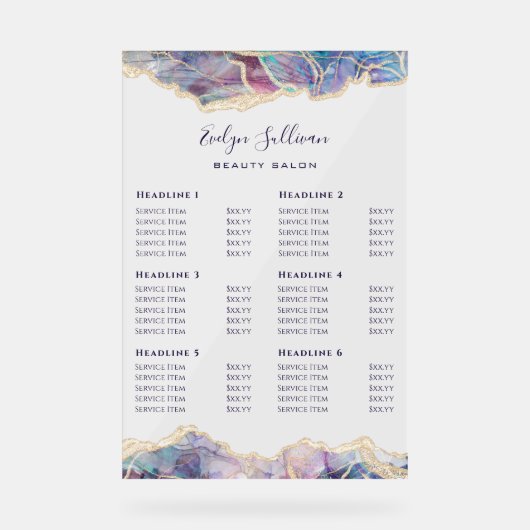 Dark Opal Design prijslijst Acryl Bord (Voorkant)