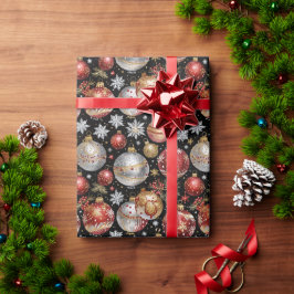 Dark Ornament Wrapping Paper with Silver, Gold Red Cadeaupapier