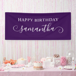 Dark Paarse Happy Birthday Schattigee krul naam Spandoek
