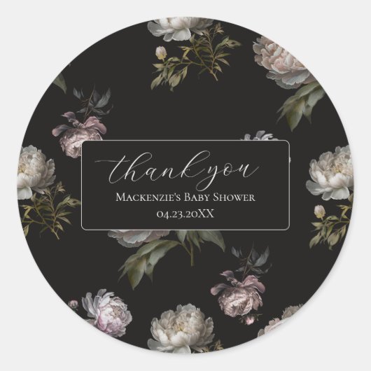 Dark Peony Baby Shower Thank You Sticker (Devant)