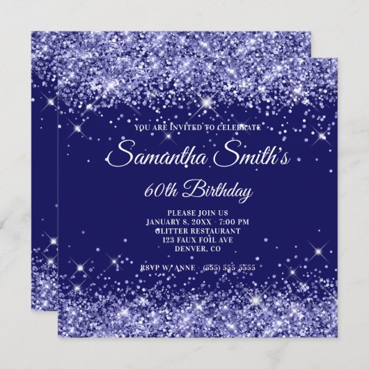 Dark Periwinkle Glitter Indigo Blue 60th Birthday Kaart (Voorkant / Achterkant)