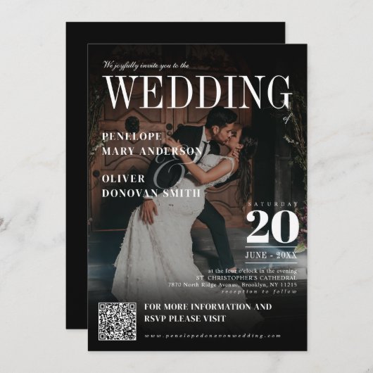 Dark Photo Magazine QR Code Elegant Boho Wedding Kaart (Voorkant / Achterkant)