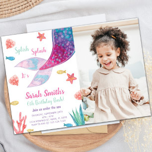 Dark Pink Mermaid Tail Birthday Uitnodiging met fo