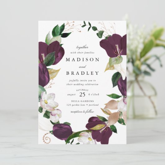 Dark Plum Floral Lijst | Bruiloft Kaart (Staand voorkant)