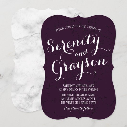 Dark Plum Paars en Grey Marble Wedding Kaart (Voorkant / Achterkant)