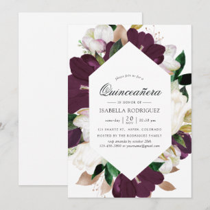 Dark Plum Velvet en White Floral Quinceañera Kaart