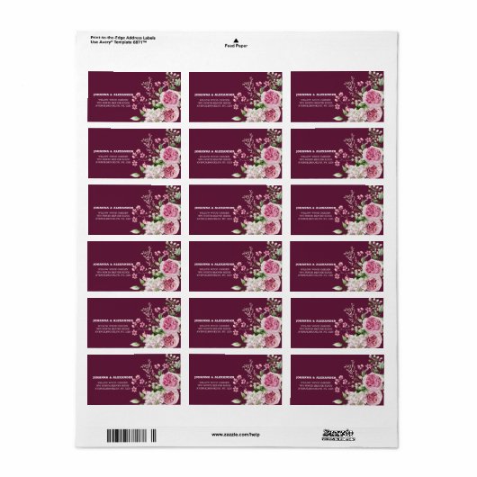 Dark Plum Waterverf Pioen Bruiloft Retouradres Etiket (Full Sheet)