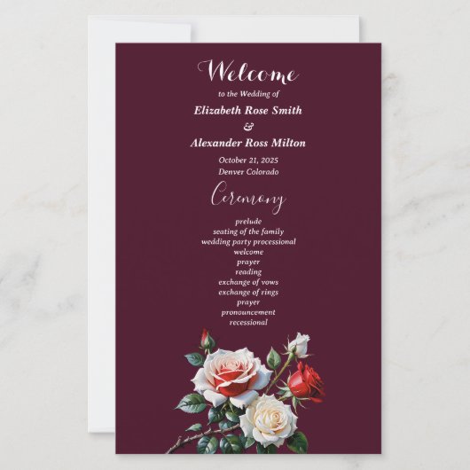 Dark Pretty pink white red roses wedding program (Voorkant)