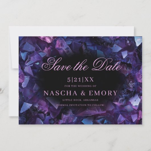 Dark Purple Boho Witch Crystals Black Wedding Save The Date (Voorkant)