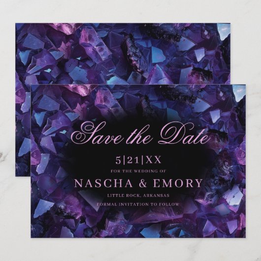 Dark Purple Boho Witch Crystals Black Wedding Save The Date (Voorkant / Achterkant)