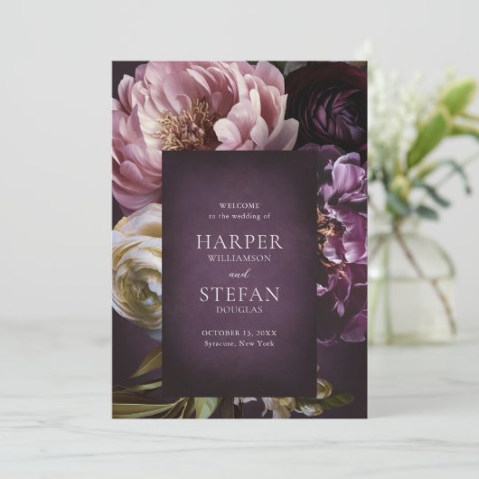 Dark Purple Fine Art Floral Elegant Wedding Programma (Staand voorkant)
