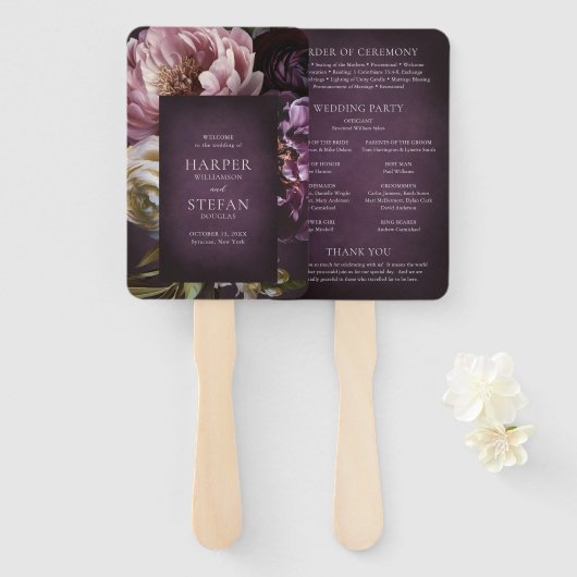 Dark Purple Fine Art Floral Wedding Program Handwaaier (Voorkant en achterkant)