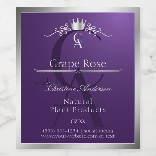 Dark Purple Product Label Silver Frame Monogram Wijn Etiket (Enkel label)