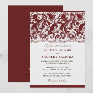 Dark Red Burgundy Lace Elegant Wedding Invitation Kaart