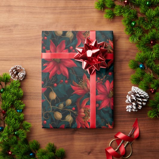 Dark Red Christmas Floral Pattern Cadeaupapier (Feestdagen Geschenken)