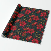 Dark Red Christmas Floral Pattern Cadeaupapier (Uitgerold)
