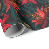 Dark Red Christmas Floral Pattern Cadeaupapier (Rol Hoek)