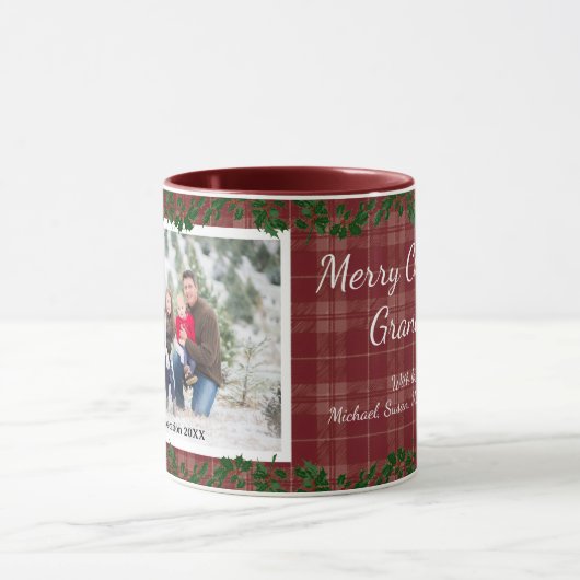 Dark Red Country Christmas Plaid Holiday Photo Mug (Centre)
